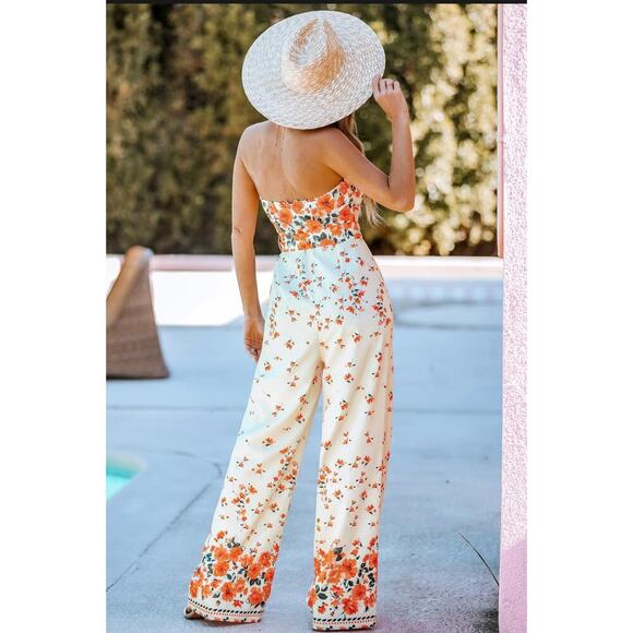 GOMORN 2 peace, Strapless Wide Leg Jumpsuit floral orange Sz XL 12 44 NWT - Picture 3 of 14